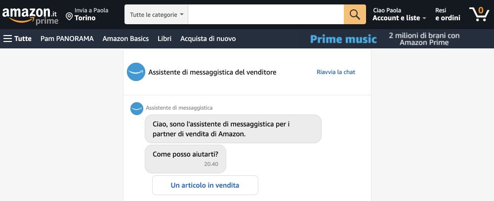 Pagina Amazon per contattare il venditore