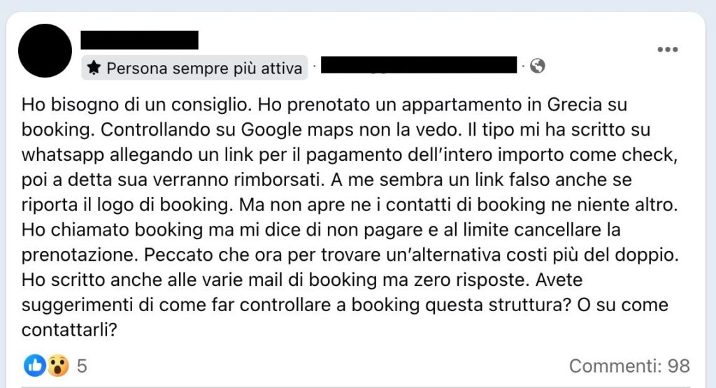Messaggio in un gruppo Facebook di utente truffato su Booking.com