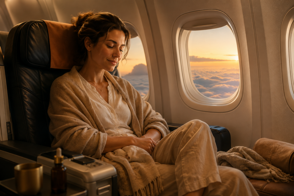 Donna rilassata in aereo durante un viaggio grazie ai rituali ayurvedici dedicati a benessere ed equilibrio