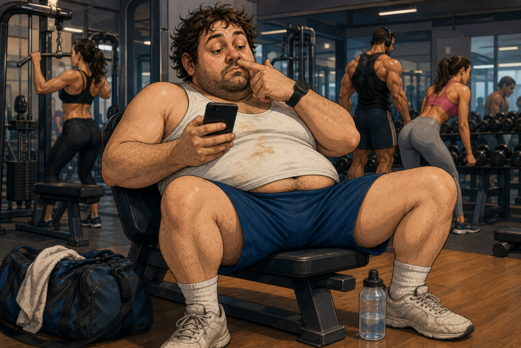Tizio che sembra finito in palestra per caso, immagine generata da AI