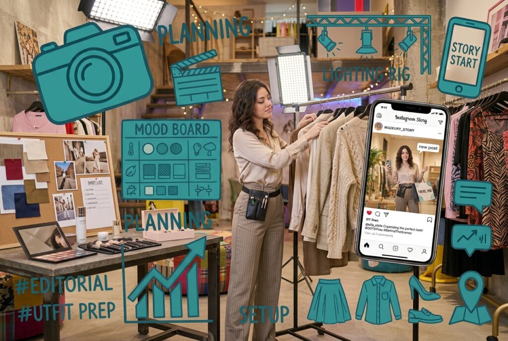 Influencer organizza uno shooting fotografico, immagine generata da Gemini AI